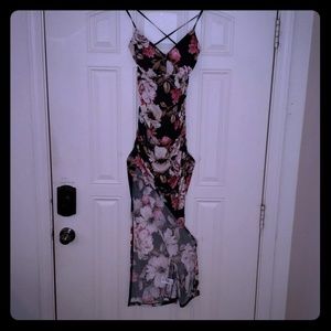 Floral long dress with slit on the side.